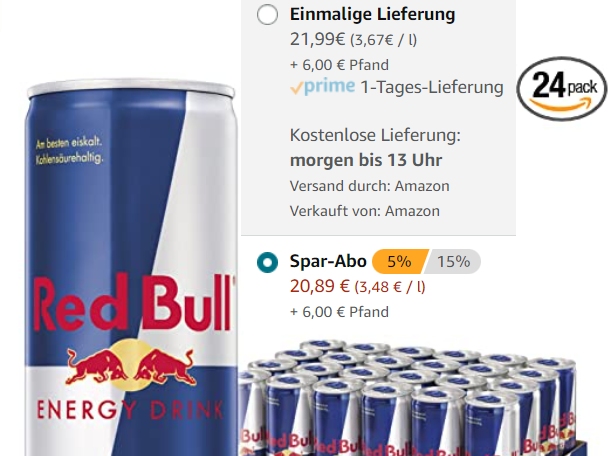 Red Bull: 24er-Pack bei Amazon im Sparabo für 20,89 Euro