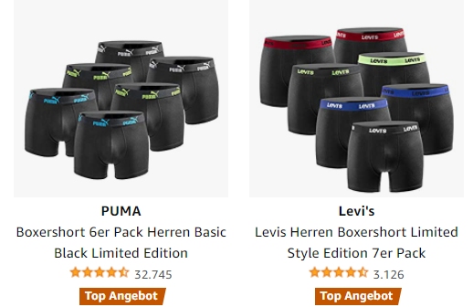 Amazon: Boxer von Puma und Levi's mit Rabatt