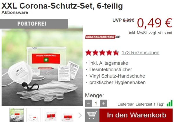 Druckerzubehoer: Gratis-Versand ab 9,99 Euro, Corona-Schutzset für 49 Cent