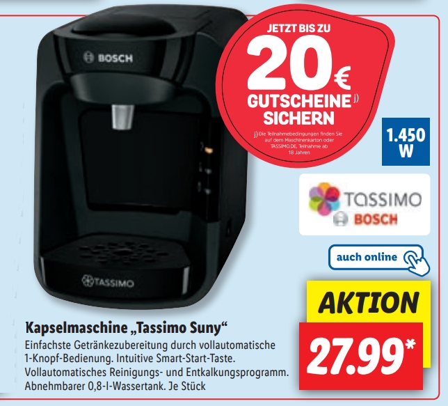 Lidl: Tassimo Suny mit Gutscheinen über 20 Euro für 27,99 Euro