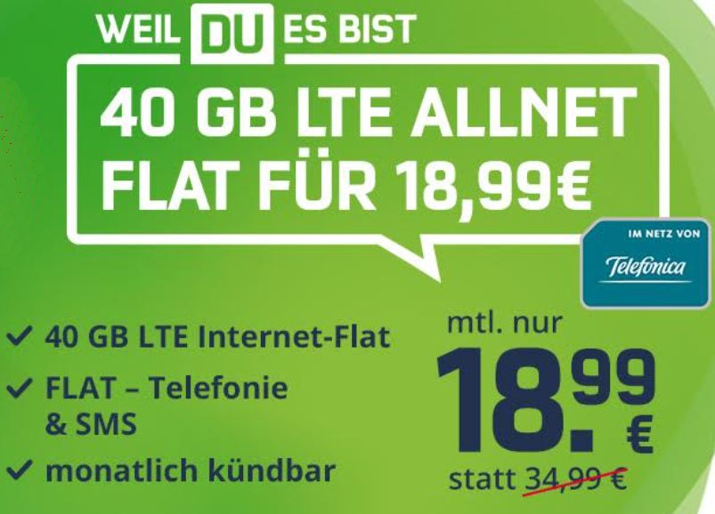LTE-Flat: Monatlich kündbare 40 GByte für 18,99 Euro