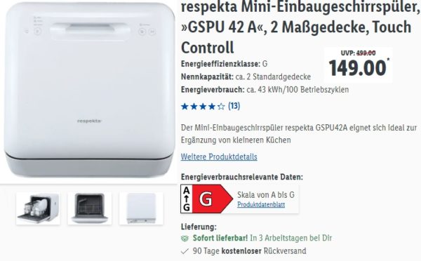 Lidl: Mini-Geschirrspülmaschine für 149 Euro plus Versand