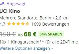 Groupon: 10 UCI-Kinotickets für 68 Euro