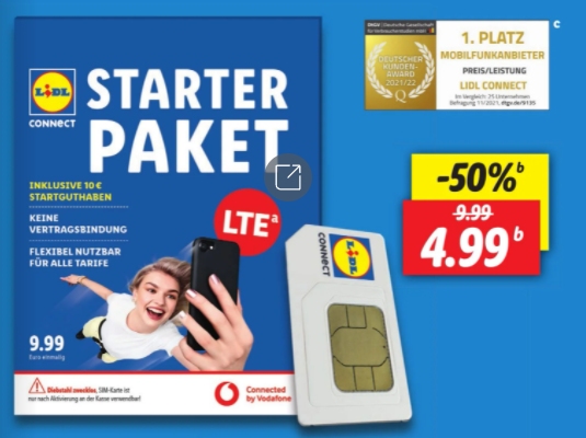 Euro – SIM-Karte 4,99 10 Euro für Lidl Connect: Guthaben mit