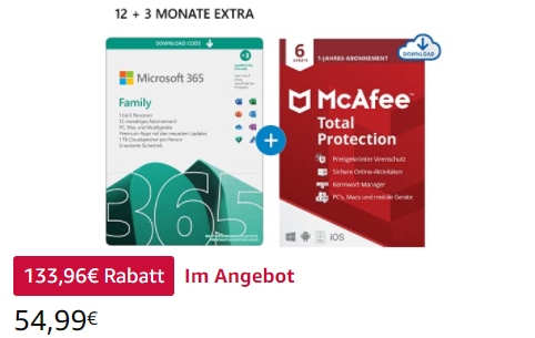 Amazon: Microsoft 365 Family & McAfee Total Protection für 54,99 Euro