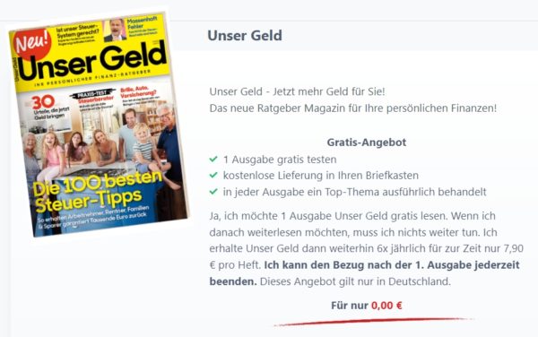 Gratis: Eine Ausgabe "Unser Geld" zum Nulltarif frei Haus