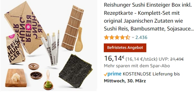 Reishunger: "Sushi Einsteiger Box" via Amazon für 16,14 Euro