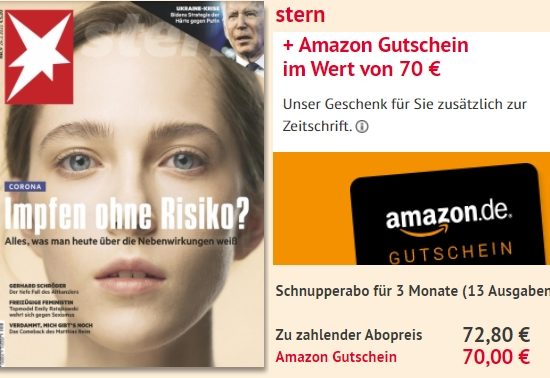 Gratis: Amazon-Gutschein über 70 Euro zum Stern-Abo für 72,80 Euro