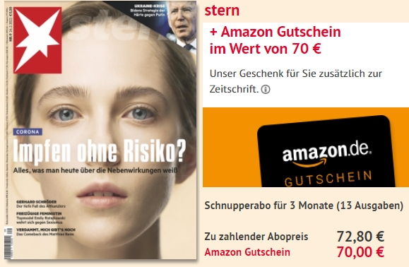 Gratis: Amazon-Gutschein über 70 Euro zum Stern-Abo für 72,80 Euro