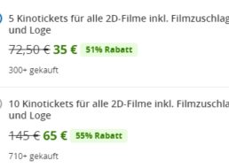 Groupon: 10er-Pack Kinotickets für Cineplex für 65 Euro