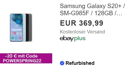Ebay: Samsung Galaxy S20+ als B-Ware für 349,99 Euro