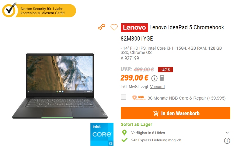 NBB: "Lenovo IdeaPad 5 Chromebook" mit Core i3-CPU für 299 Euro