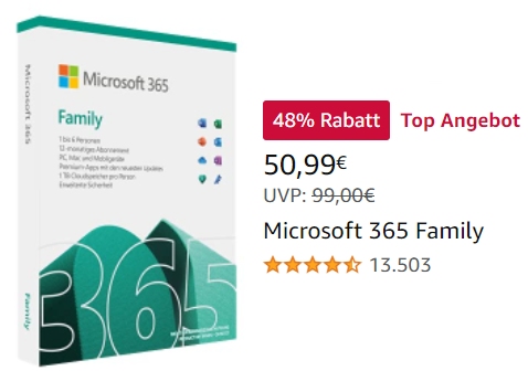 Amazon: Office 365 Family (Code in Box) für 50,99 Euro