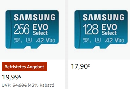Amazon: "Samsung EVO Select" mit 256 GByte für 19,99 Euro
