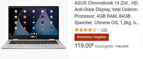 Amazon: Asus-Chromebook für 119 Euro frei Haus