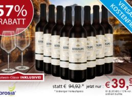 Ebrosia: 8 Flaschen goldprämierten Primitivo & zwei Gläser für 39,90 Euro