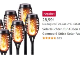 Amazon: Sechserpack Solar-Gartenfackeln für 28,99 Euro