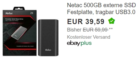 Ebay: Externe SSD "Netac Z8" mit 500 GByte für 35,63 Euro frei Haus