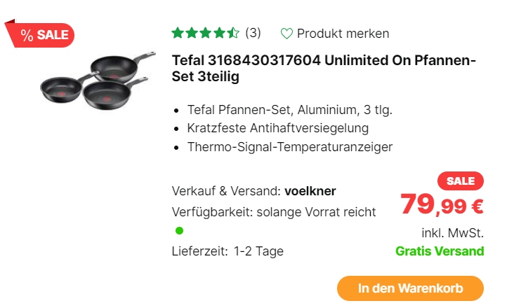 Völkner: Tefal-Pfannenset für 79,99 Euro frei Haus