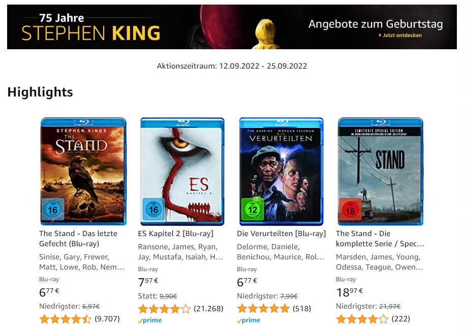 Amazon: Filmen von "Stephen King" mit Rabatt