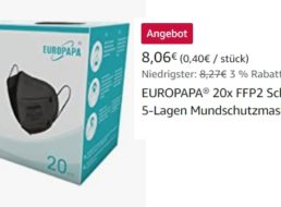 Amazon: 20er-Pack schwarze FFP2-Masken für 8,06 Euro