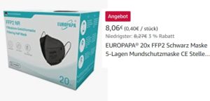 Amazon: 20er-Pack schwarze FFP2-Masken für 8,06 Euro