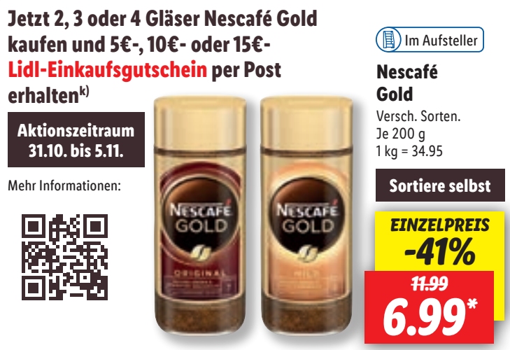 Lidl: Nescafé Gold mit Gutschein-Cashback