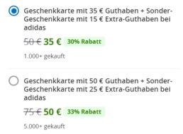 Groupon: Adidas-Geschenkekarten mit bis zu 25 Euro Extra-Guthaben