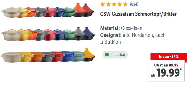 Lidl: GSW Gusseisen Schmortopf oder Bräter für 19,99 Euro