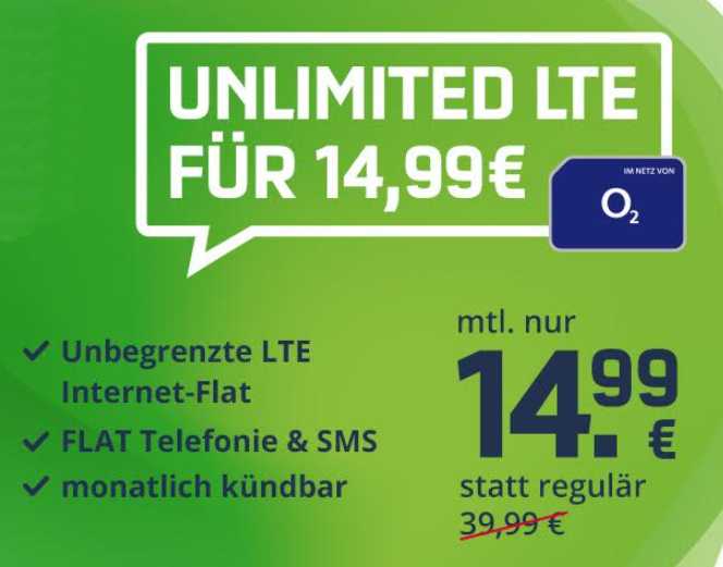 Freenet: Monatlich kündbare Unlimited-Flat im O2-Netz für 14,99 Euro