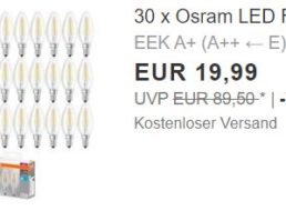 Ebay: 30er-Pack LED-Birnen von Osram für 19,99 Euro