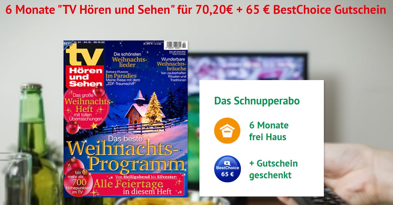 TV Hören und Sehen: Halbjahresabo für 70,20 Euro mit Gutschein über 65 Euro