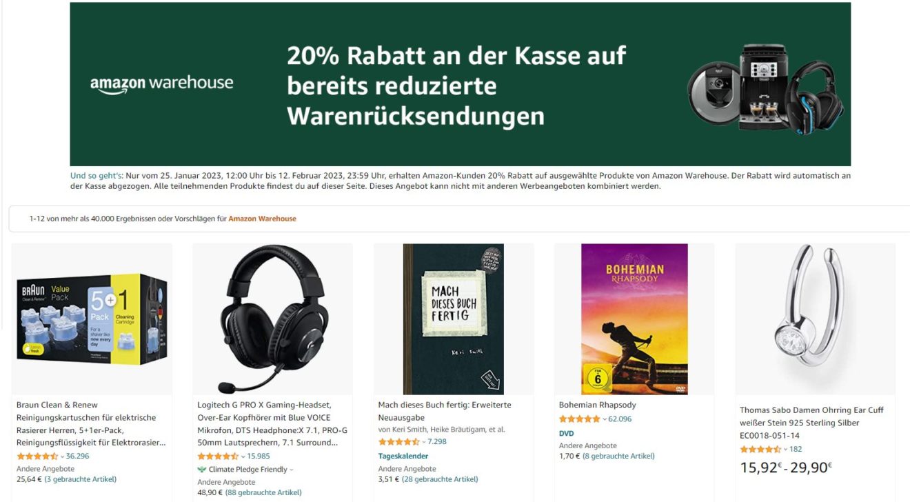 Amazon: 20 Prozent Rabatt auf über 40.000 Warehouse-Deals