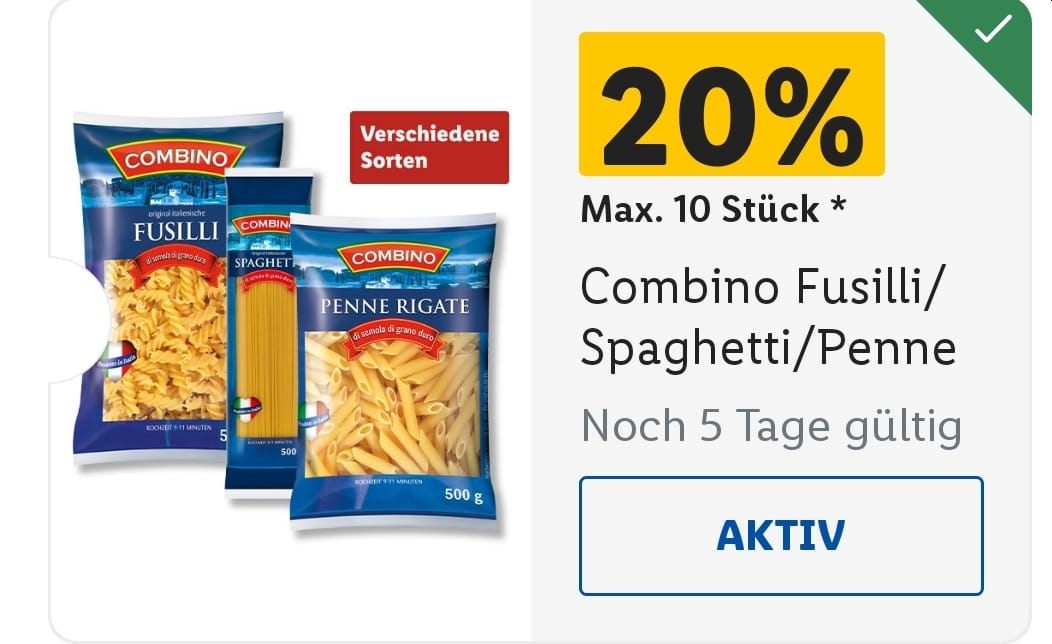 Lidl: 20 Prozent Nudel-Rabatt über die App