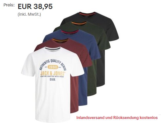 Jack & Jones: T-Shirts im Fünferpack für 38,95 Euro frei Haus