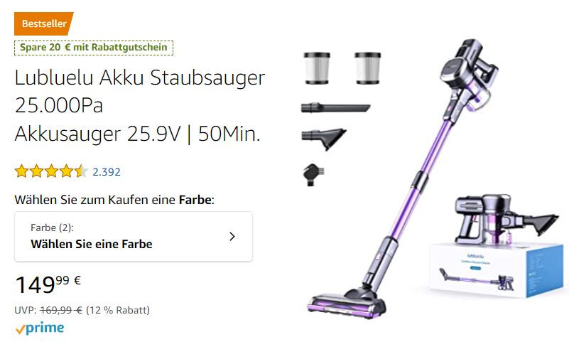 Exklusiv: Lubluelu Akku Staubsauger für 121,12 Euro