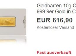Ebay: 10-Gramm-Goldbarren für 616,90 Euro frei Haus