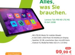 Völkner: LTE-Tablet Lenovo Tab M8 HD für 99,99 Euro frei Haus