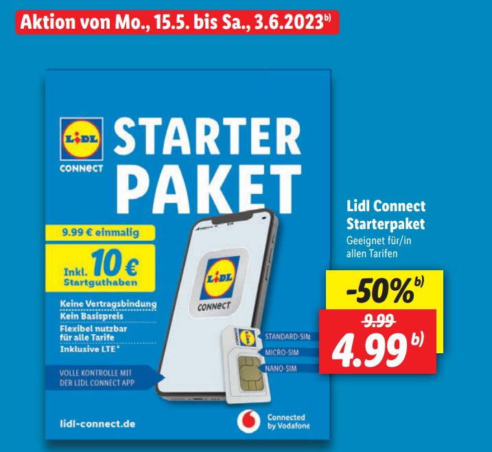 Lidl Connect: Starterpaket für 4,99 Euro mit Guthaben von 10 Euro