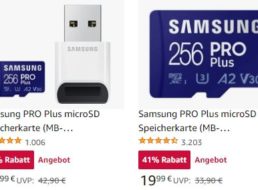 Amazon: Samsung PRO Plus microSD mit 256 GByte und USB-Leser für 23,99 Euro