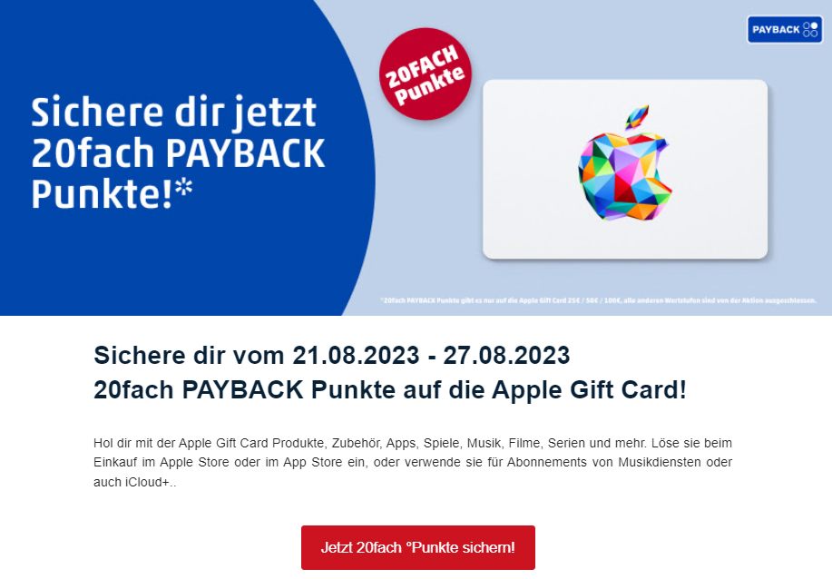 Penny] 20-fach Payback Punkte auf Apple Gift Cards Guthaben