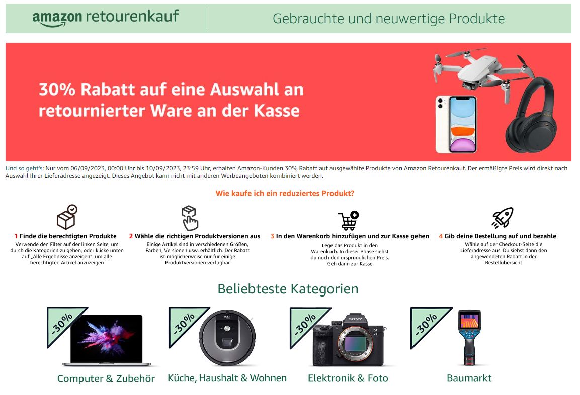 Warehouse heißt jetzt Retourenkauf: 30 % Extra-Rabatt nur