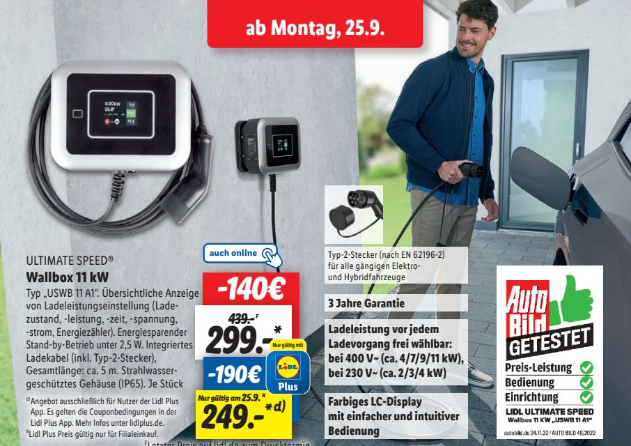 Lidl Plus: Wallbox “Ultimate Speed USWB 11 A1” für 249 Euro –