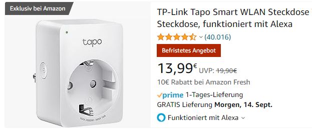 Amazon: TP-Link Tapo Smart mit Verbrauchskontrolle für 13,99 Euro