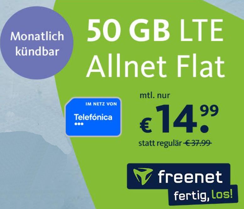 Freenet: Monatlich kündbare Datenflat mit 50 GByte LTE für 14,99 Euro