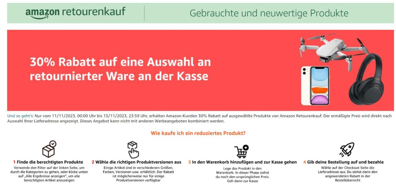 Amazon Retourenkauf: 30 Prozent Rabatt bis Montag