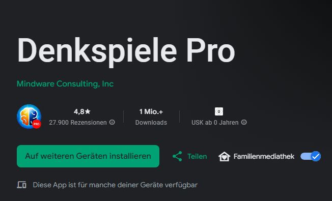 Gratis: "Denkspiele Pro" via Google Play zum Nulltarif