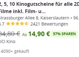 Groupon: UCI-Kinotickets ab 6,90 Euro