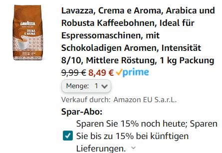 Amazon: "Lavazza Crema e Aroma" im Sparabo für 8,49 Euro