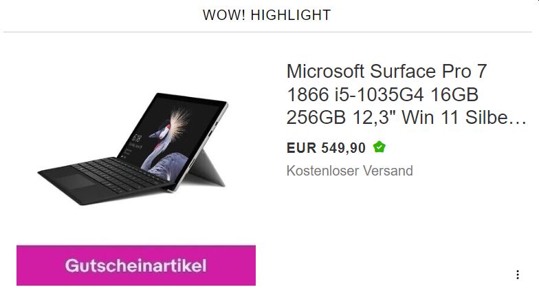 Ebay: Microsoft Surface Pro 7 als Rückläufer für 499,90 Euro frei Haus